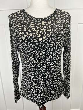 Cabi Animal Print Mesh Blouse M Sweetheart Ruched Front Black Beige Sheer 4163
